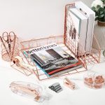 Rose Gold Desk Accessories Office Supplies Set, File Holder, Magazine File Organizer, Pen Holder, Stapler, Staple Remover, Staples, Tape Dispenser, Ballpoint Pen, Scissor, Binder Clips for Office - Image 6